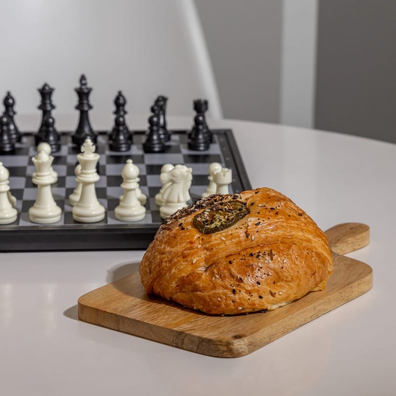 A golden-brown croissant with seeds on a wooden board, with a chess set in the background.